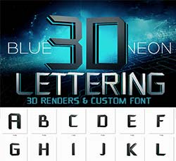 极品3D立体英文字体(蓝色霓虹灯效果)：Blue Neon - 3D Lettering + Font